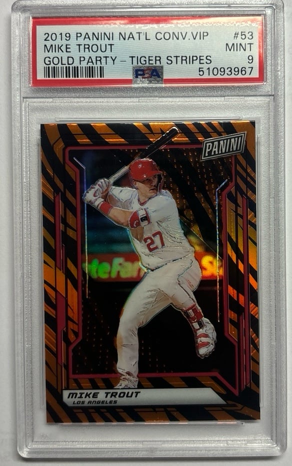 2019 Panini National Convention VIP Tiger Stripe Prizm Mike Trout #53 PSA 9 MINT