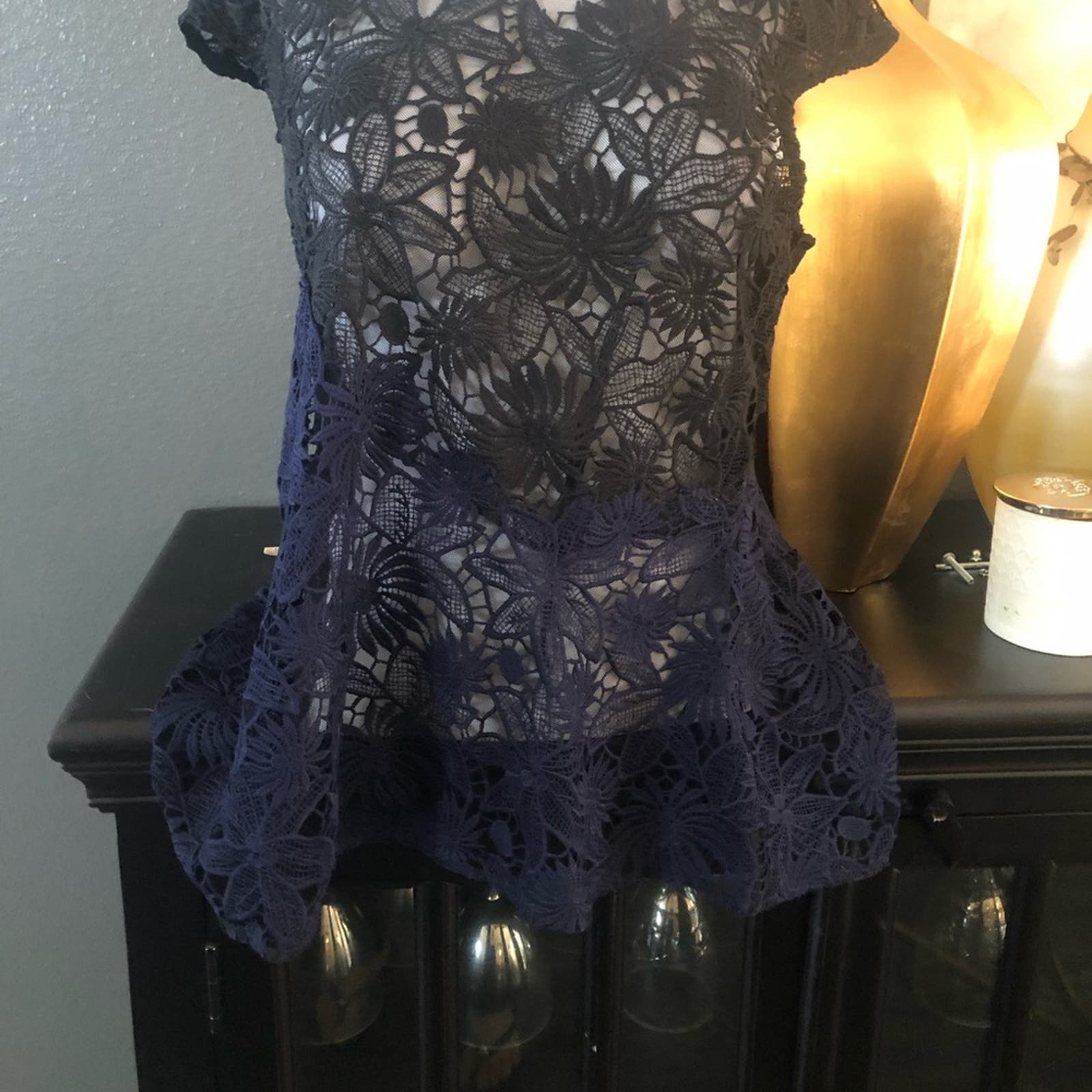 Anthropologie Midnight Blue top , lace and sheer size Medium