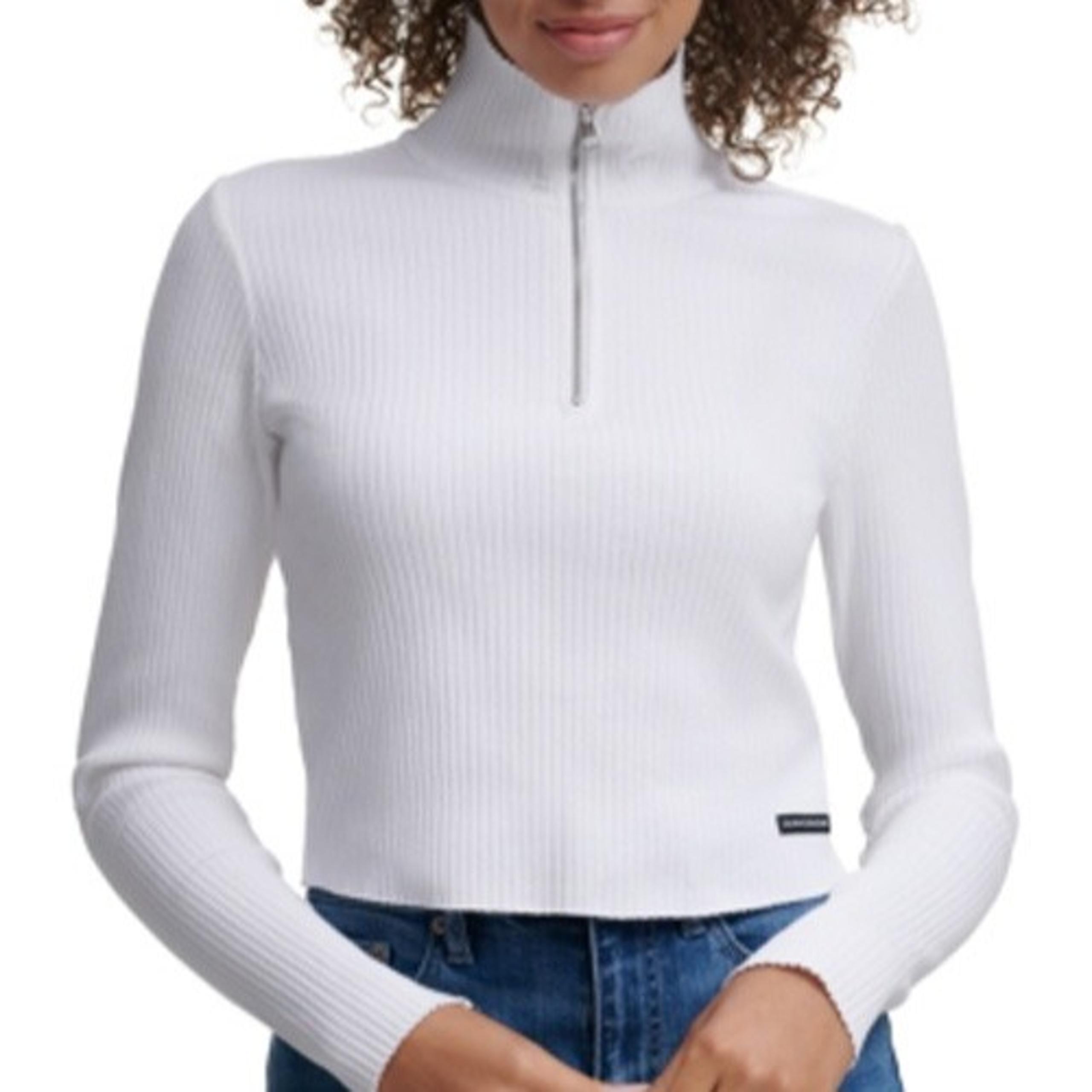 JR251 Calvin Klein Jeans White Zipped Turtleneck Ribbed-Knit Top Size L
