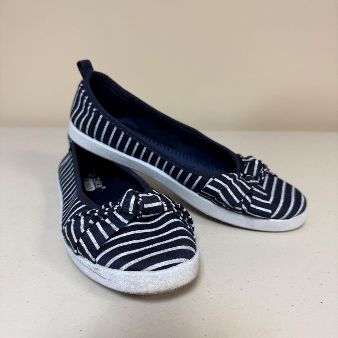 Striped Navy Blue White Sneaker Slip On Shoes Women 9 Jersey Flats Preppy Spring