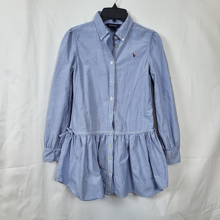 Ralph Lauren Girls Blue Chambray Drop Waist Long Sleeve Oxford Shirtdress Sz 12