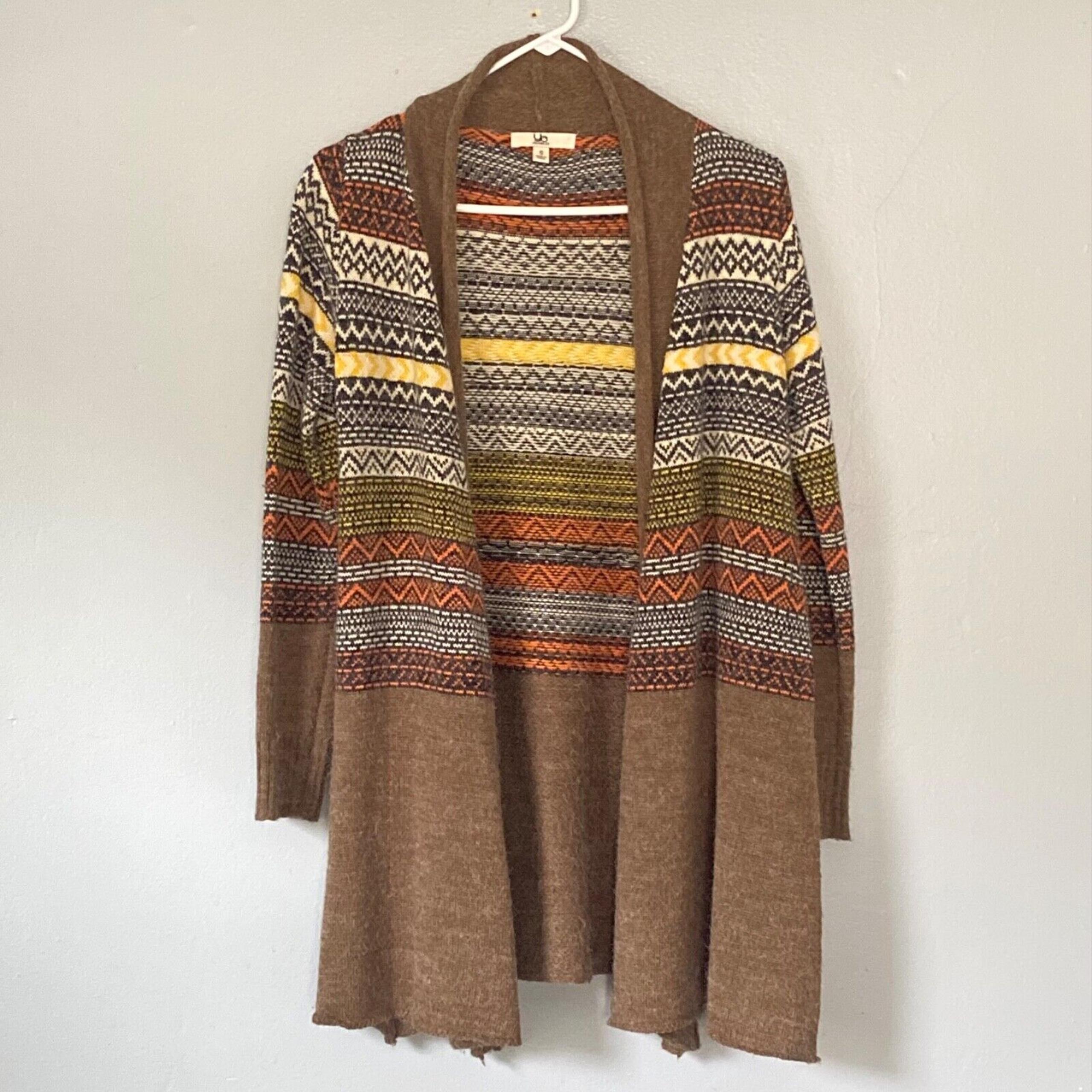 Ya Los Angeles Sweater Small Brown Striped Fair Isle Open Long Cotton Cardigan