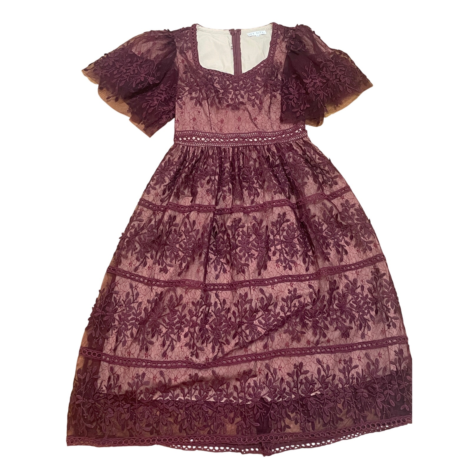 Ivy City Co Women's M Midi Venice Dress Wine Flutter Sleeves ASO Chrissy Metz