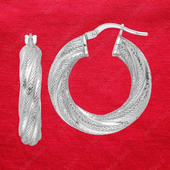 Sterling Silver Rhod-plated 5mm Textured Twisted Hoop Earrings