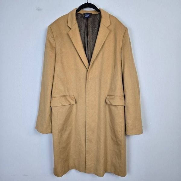 French Connection Mens Wool Cashmere Pea Coat XL Camel Tan Longline Old Money