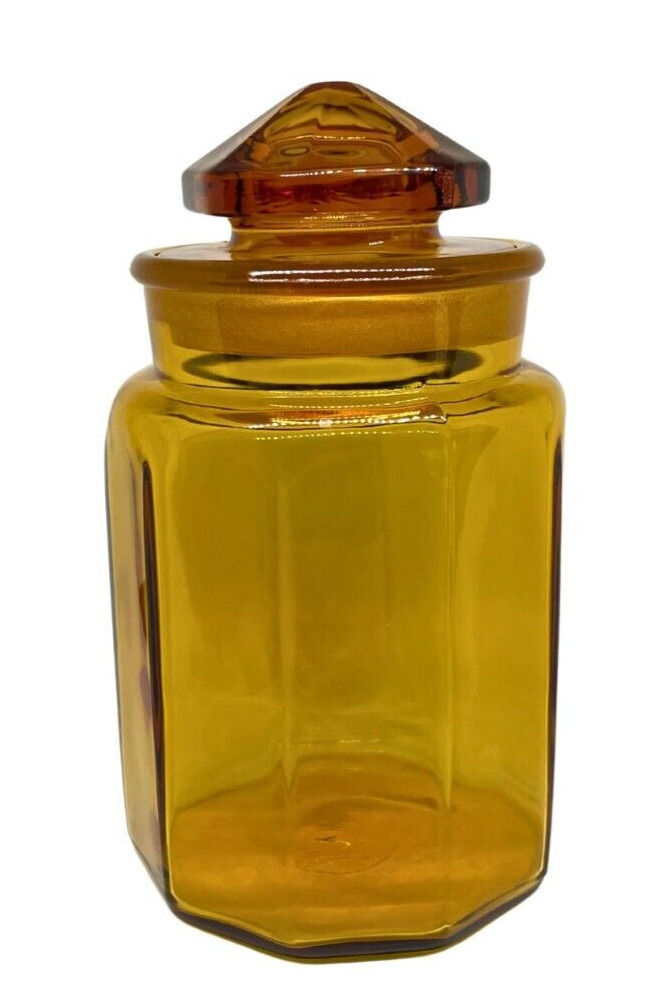 Vintage LE Smith 10 Panel Amber Glass Apothecary Canister Jar w/Lid 10