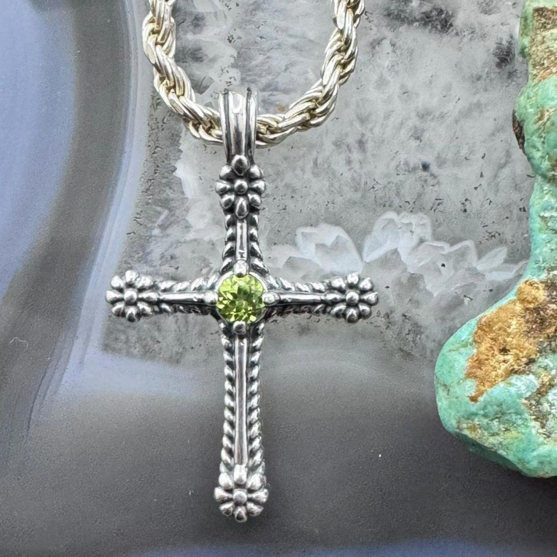 Carolyn Pollack Sterling Silver Peridot Dot Decorated Cross Pendant For Women