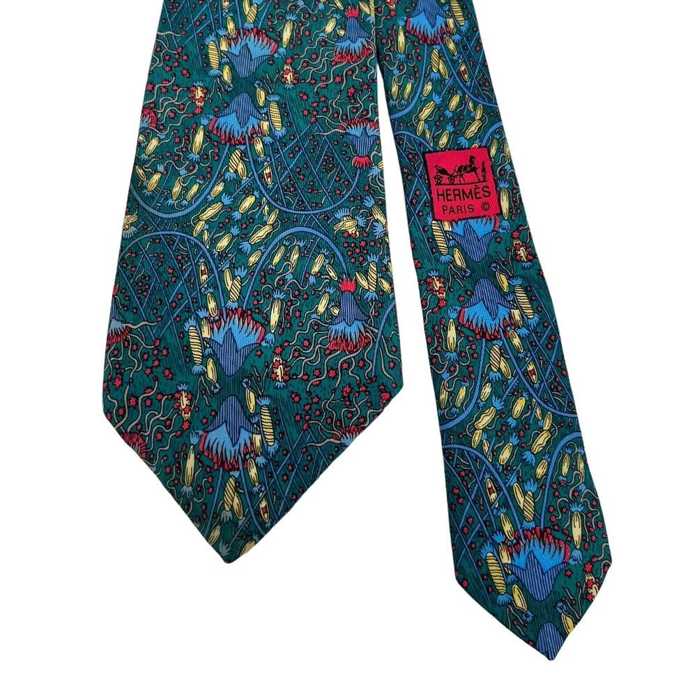 Hermes Mens Tie Fireworks Multicolor Satin Silk 7048 TA 3 3/8 (W) x 54 (L) euc