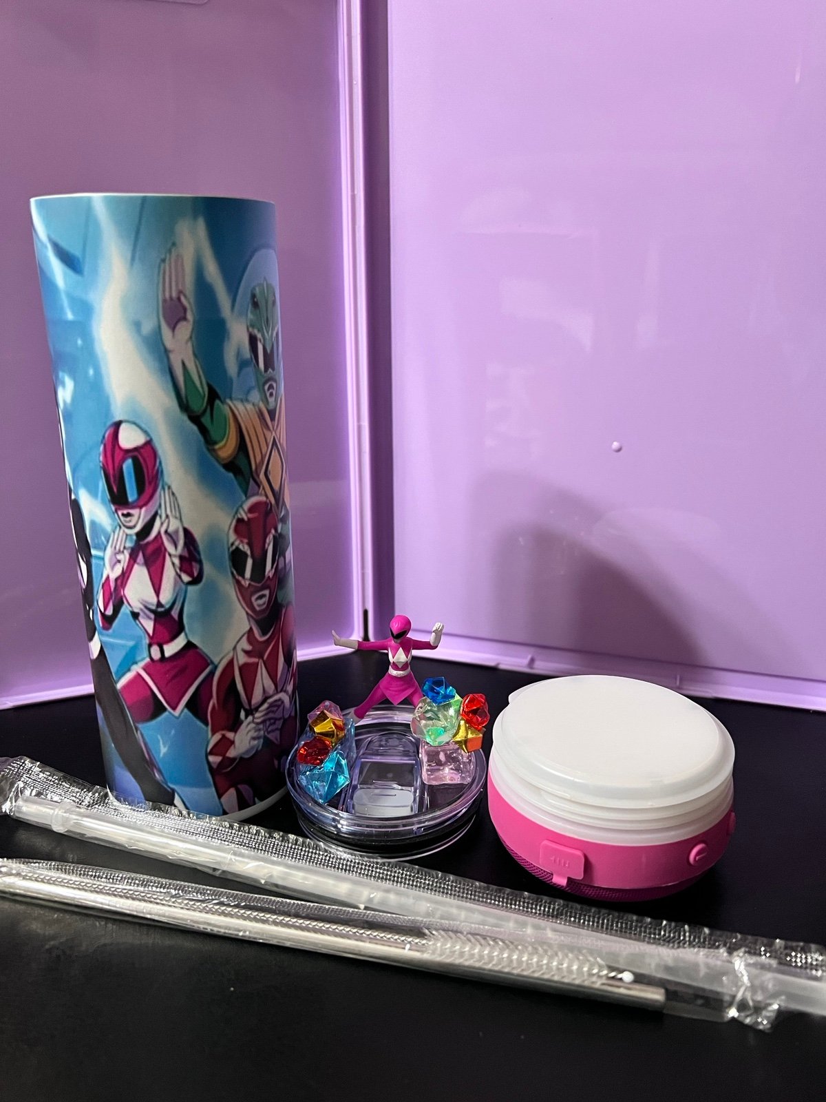 Pink Power ranger speaker tumbler