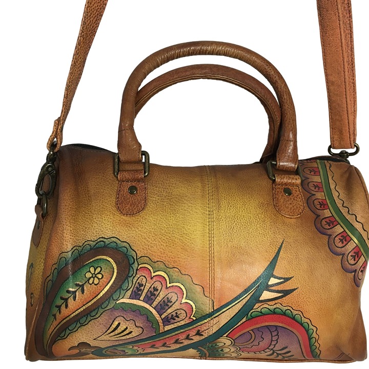 Anuschka LIKE NEW Handpaint Leather Satchel Cross Body Saddle Brown Paisley