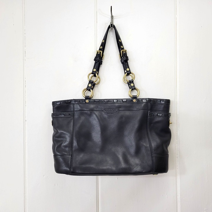 Coach Black Leather Tote Handbag With Gold Hardware & Blue Lining