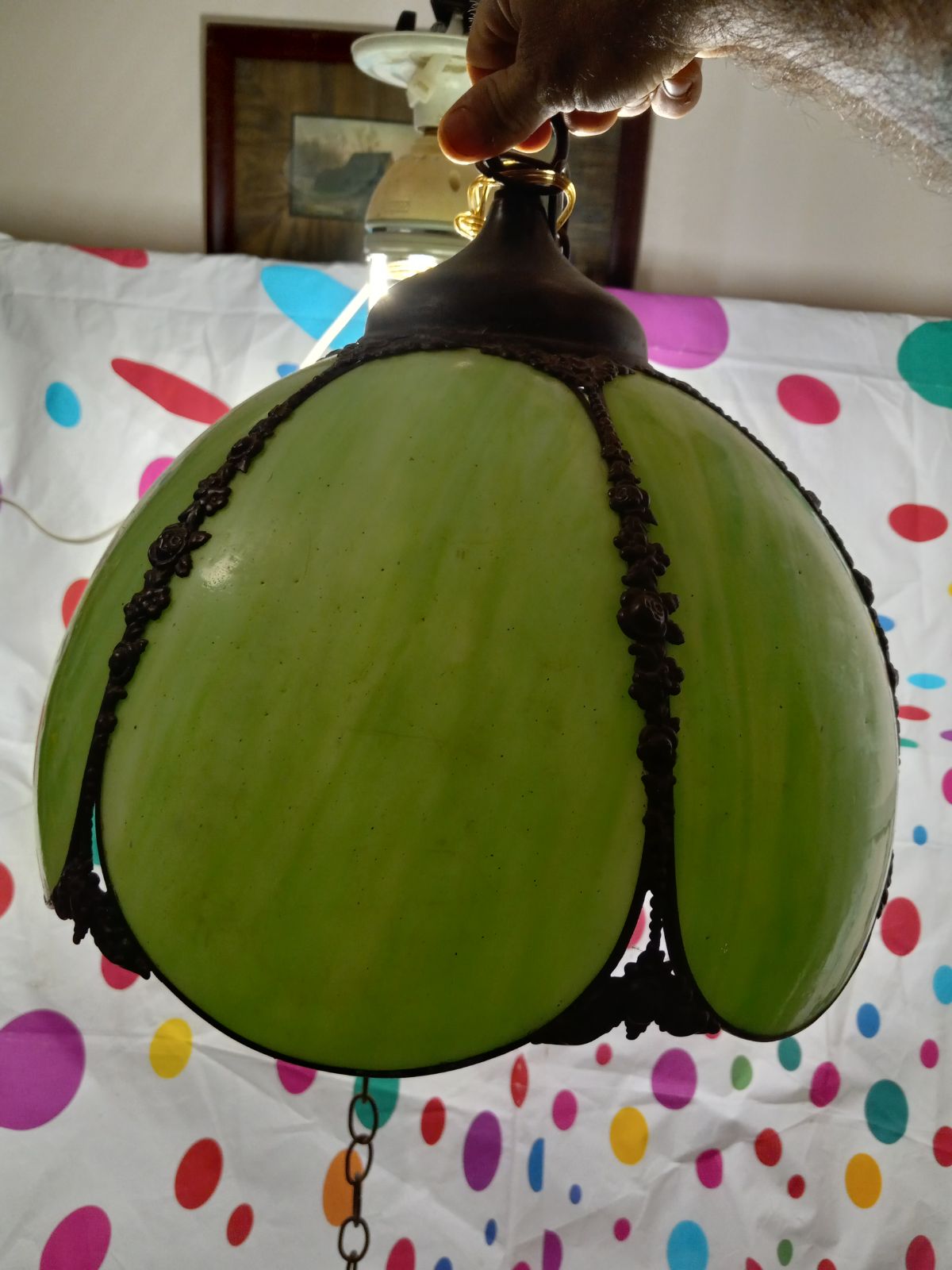 VINTAGE Green Chandelier (Very Retro) Old Lamp Shade