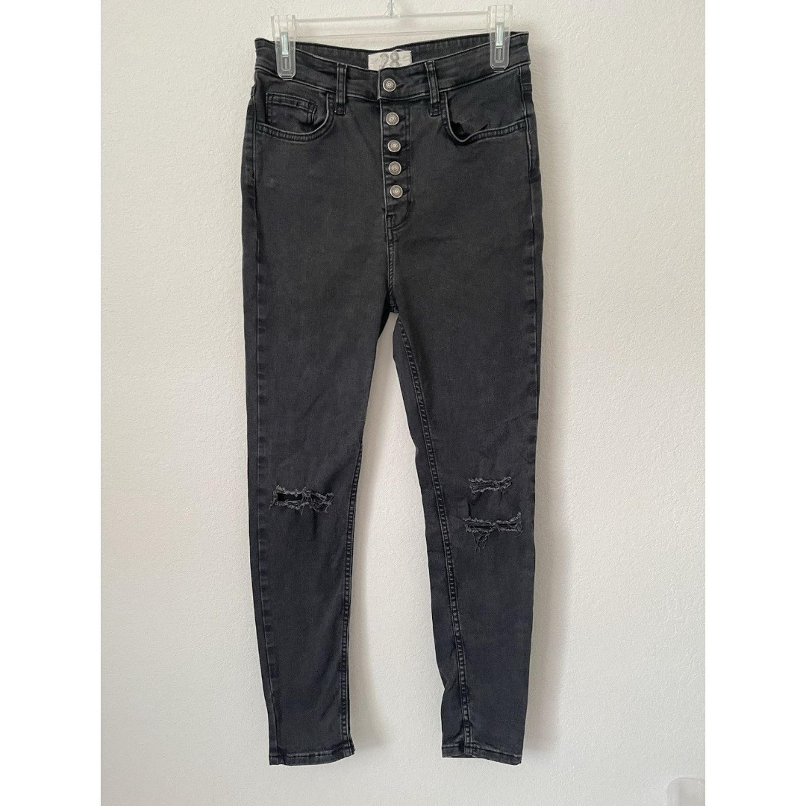 Free People Jeans Women's 28 Black High Rise Button Fly Skinny Stretch Distress