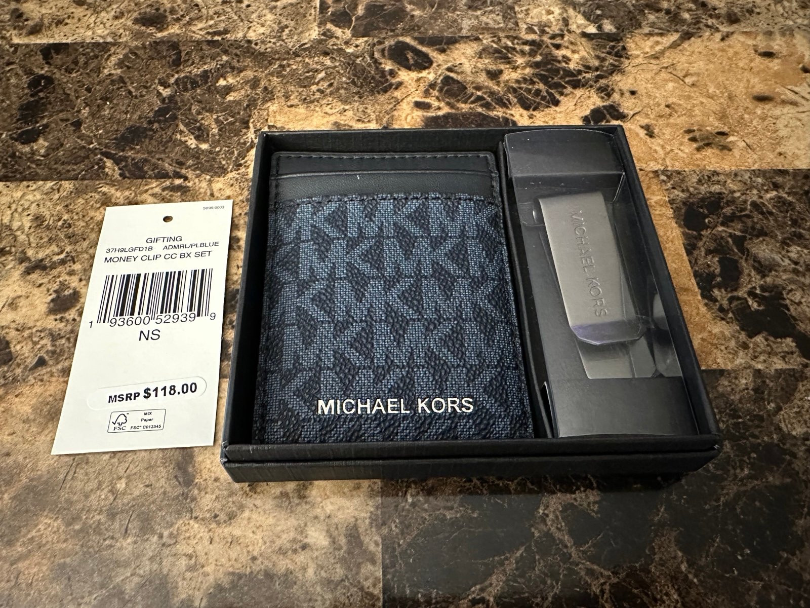 New Michael Kors Money Clip Card Case Boxed Set Admiral Blue