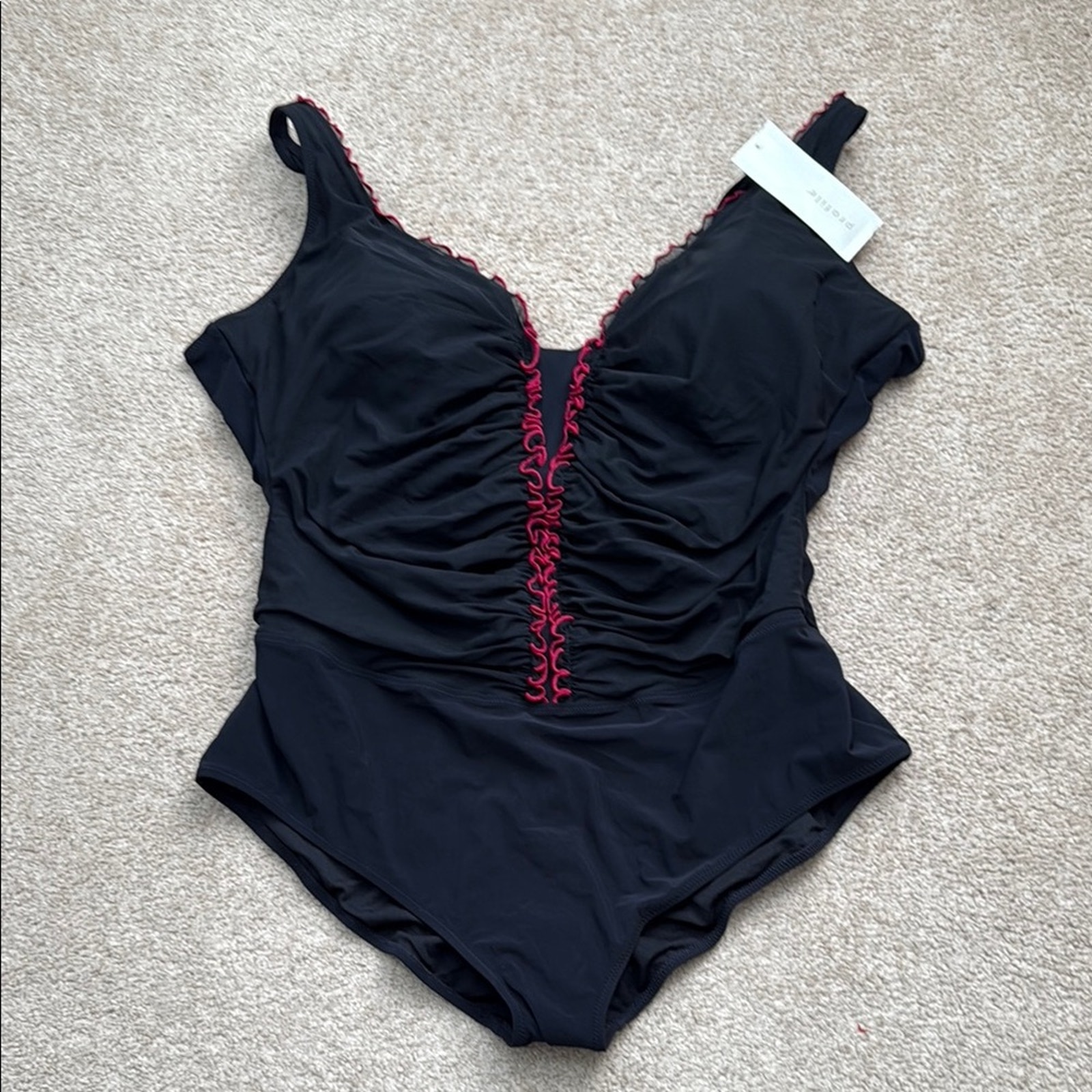 NWT Profile by Gottex Classic Black Red Trim Ruched One Piece Swimsuit Size 24W