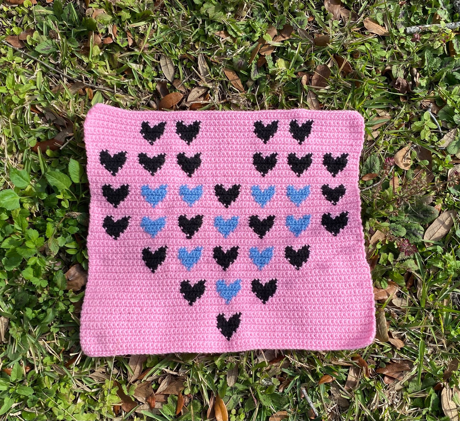 Crochet Pink, Blue & Black Heart Of Hearts Wall Tapestry