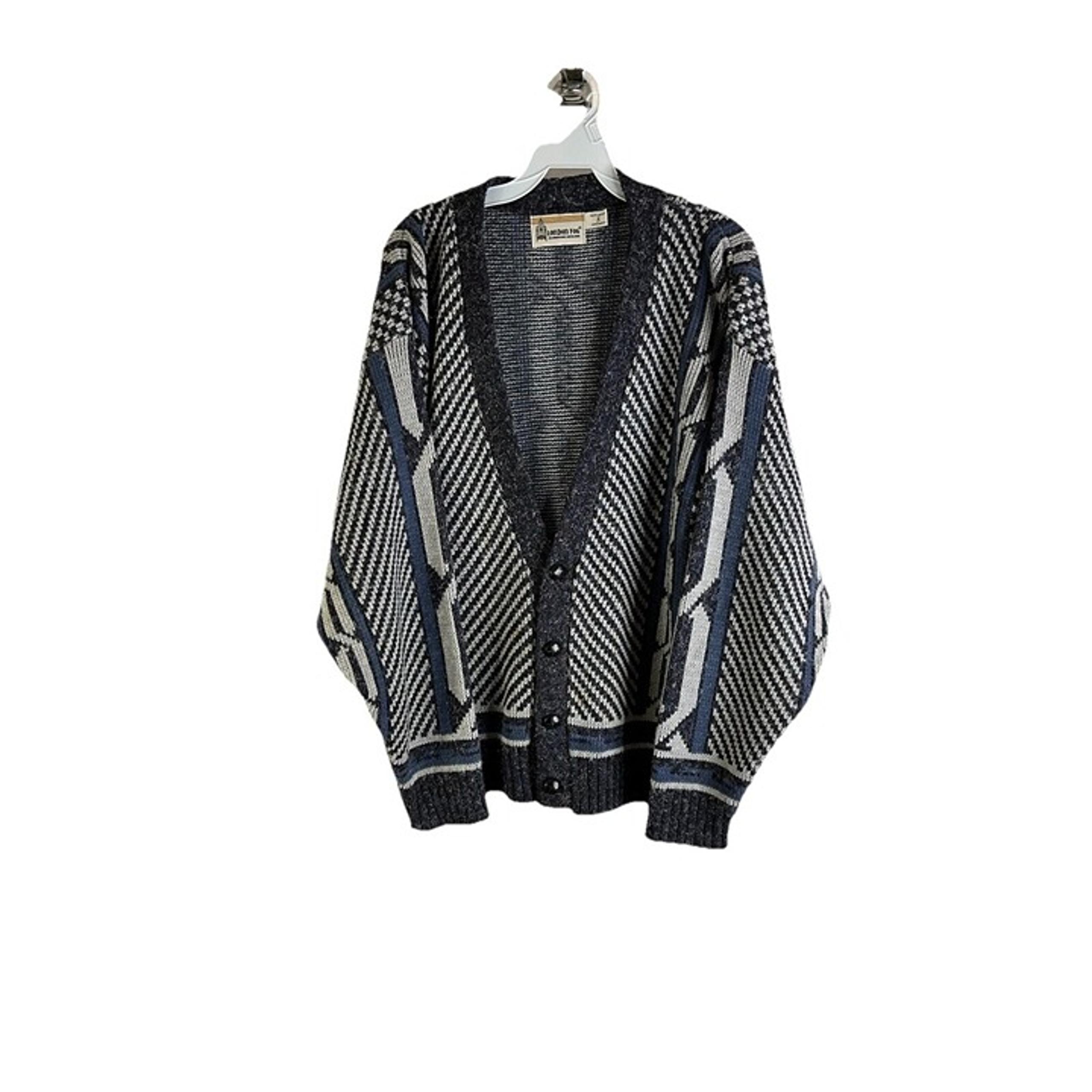 Vintage 80s Mens Large Geometric Knit Baggy Cardigan Sweater USA Dad Streetwear