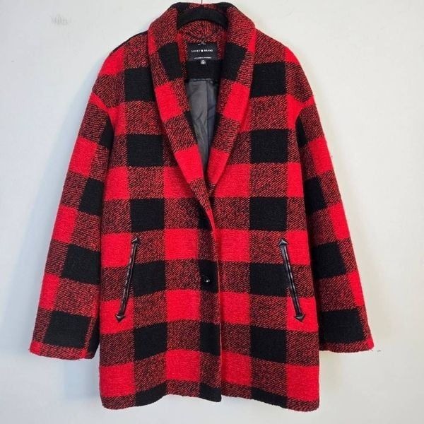Lucky Brand Womens Plaid Wool Pea Coat Size Small Red Buffalo Check Outdoors