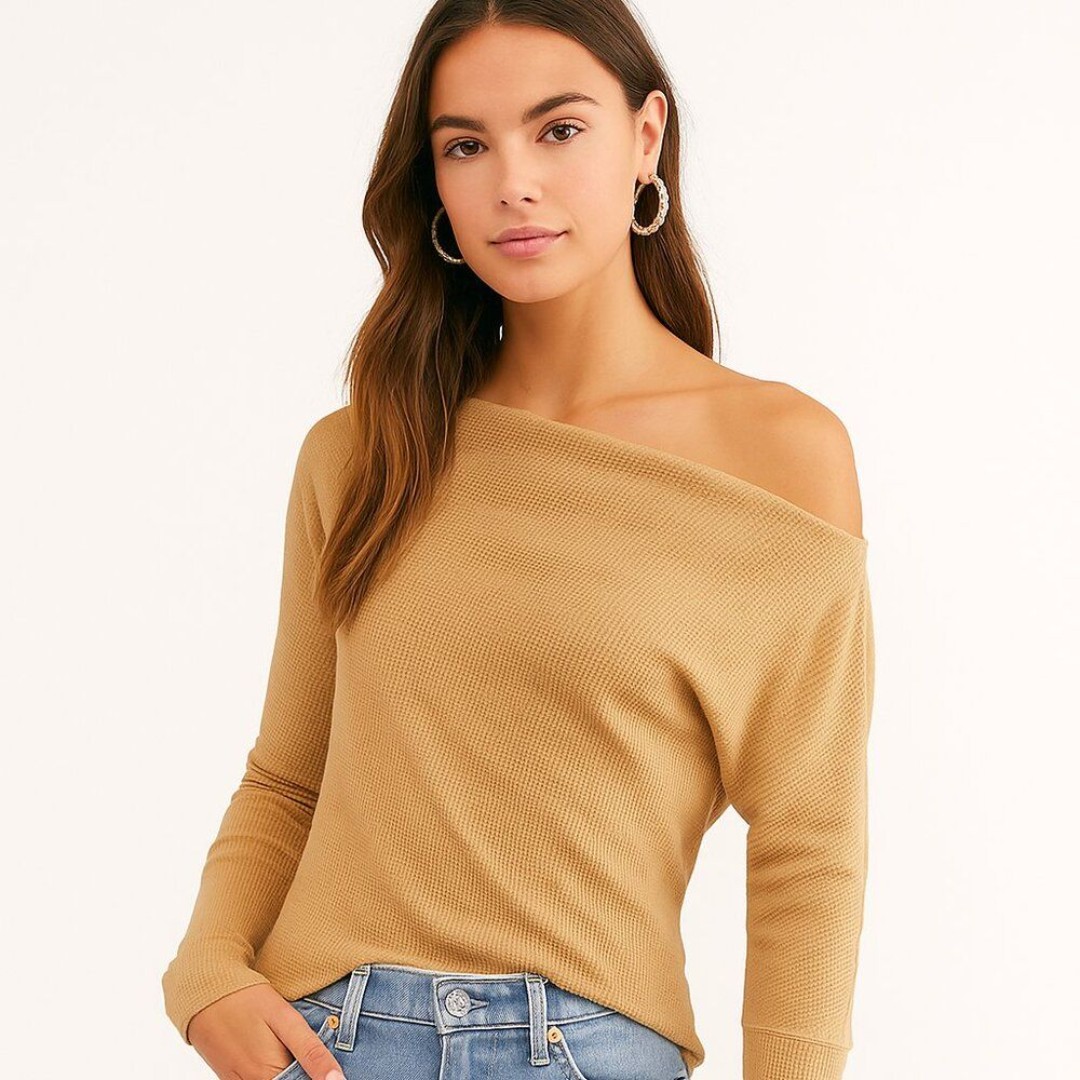 Free People We The Free Fuji Off-The-Shoulder Thermal Top Pale Camel Size M NWT