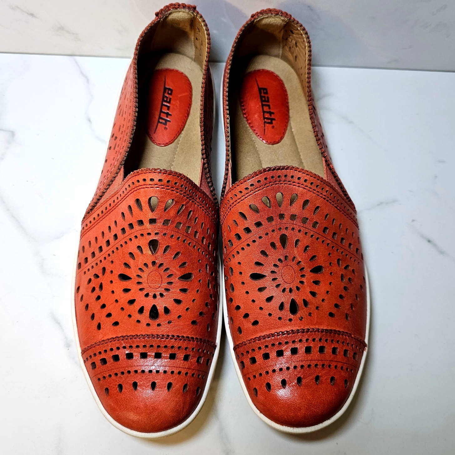 Womens Sz9 Leather Flats - Earth Tangelo Scarlet Comfort Slip On Shoes