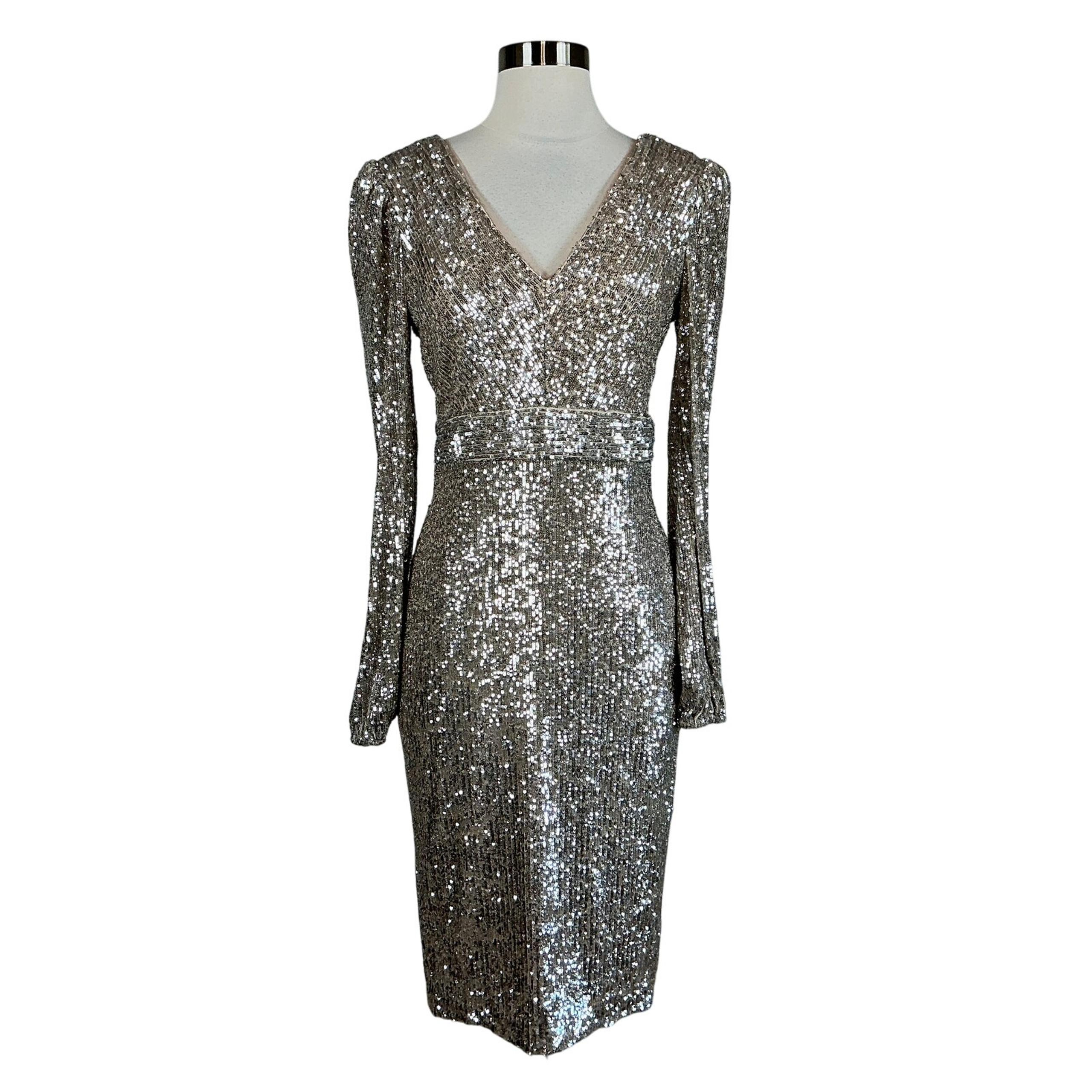 XSCAPE Women's Cocktail Dress Size 10 Silver Sequined Long Sleeve Midi Sheath