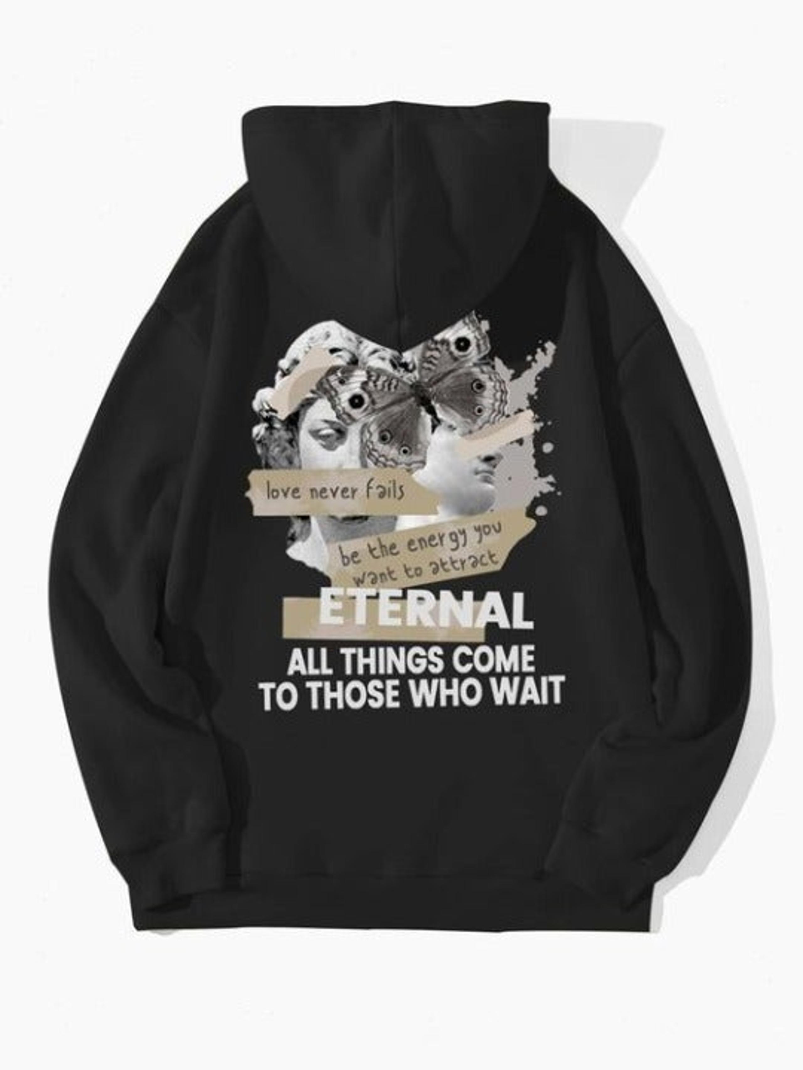 Slogan & Butterfly Print Kangaroo Pocket Drawstring Thermal Lined Hoodie