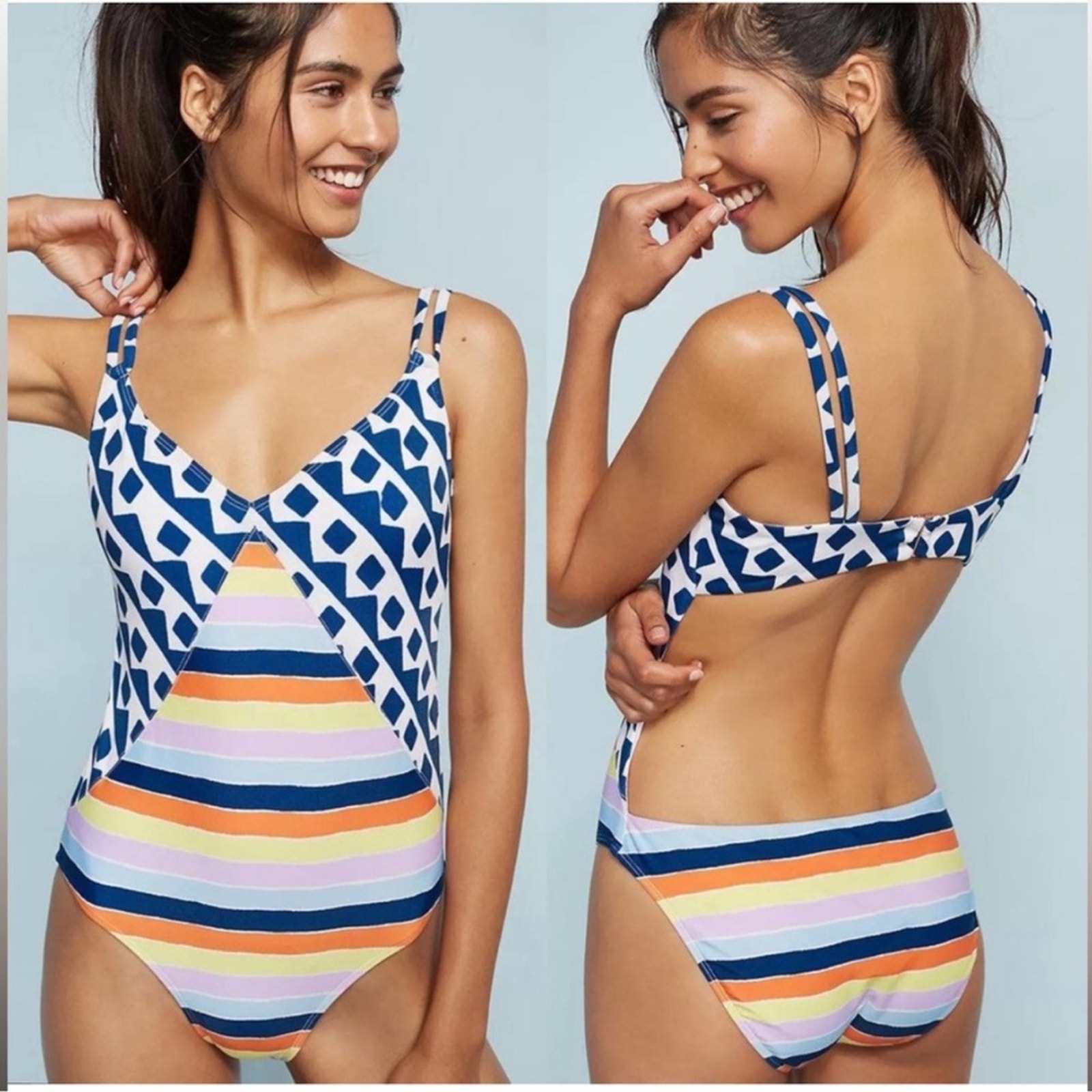 Anthropologie x Allihop Double-Strap One Piece Geometric Stripe Swimsuit