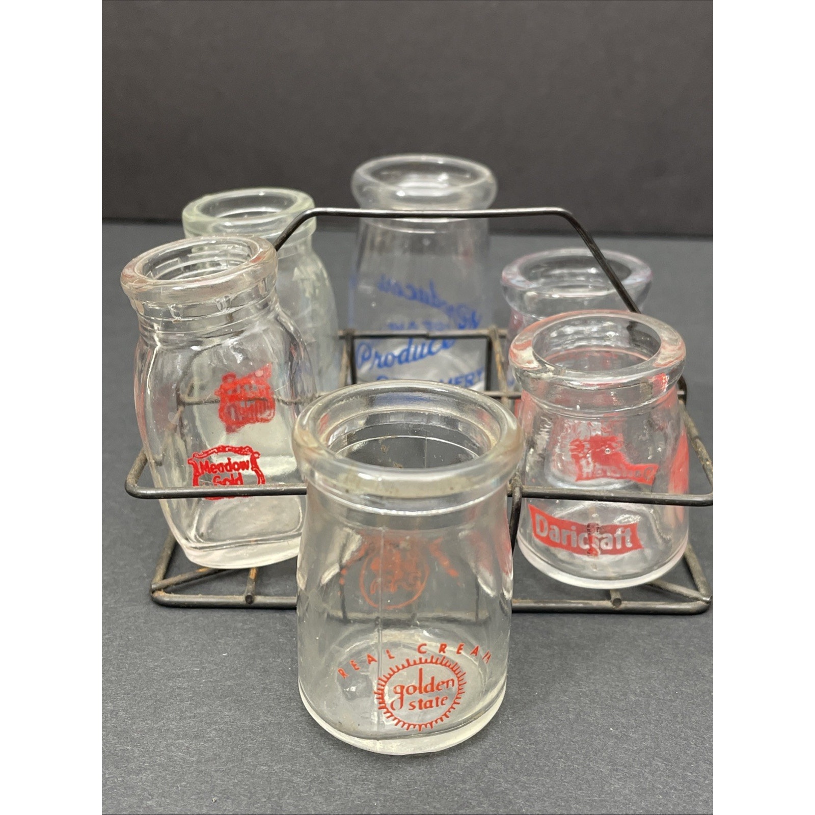 Vintage Mini Glass Milk Bottles Set of 6 w/ Wire Carry Rack – Farmhouse Decor