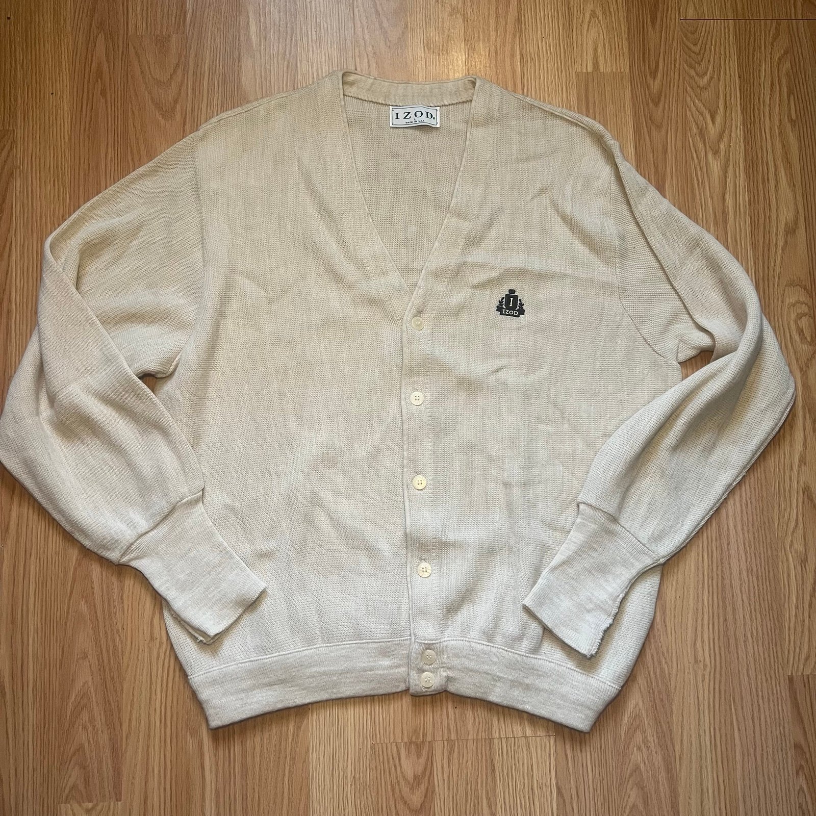 Vintage 80s Izod Sweater Beige Cardigan Button Up Mens Size L/XL Retro Academia