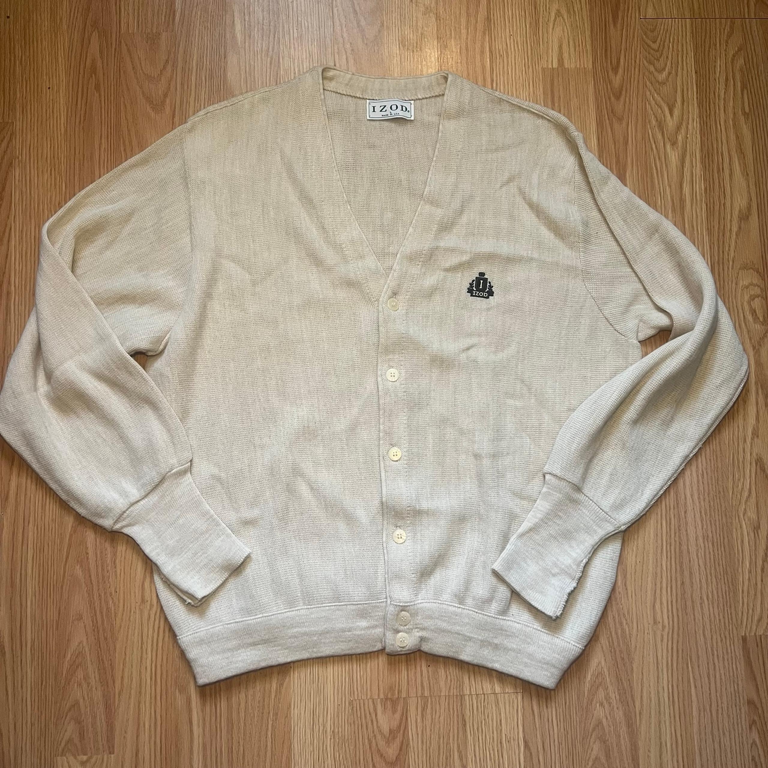 Vintage 80s Izod Sweater Beige Cardigan Button Up Mens Size L/XL Retro Academia
