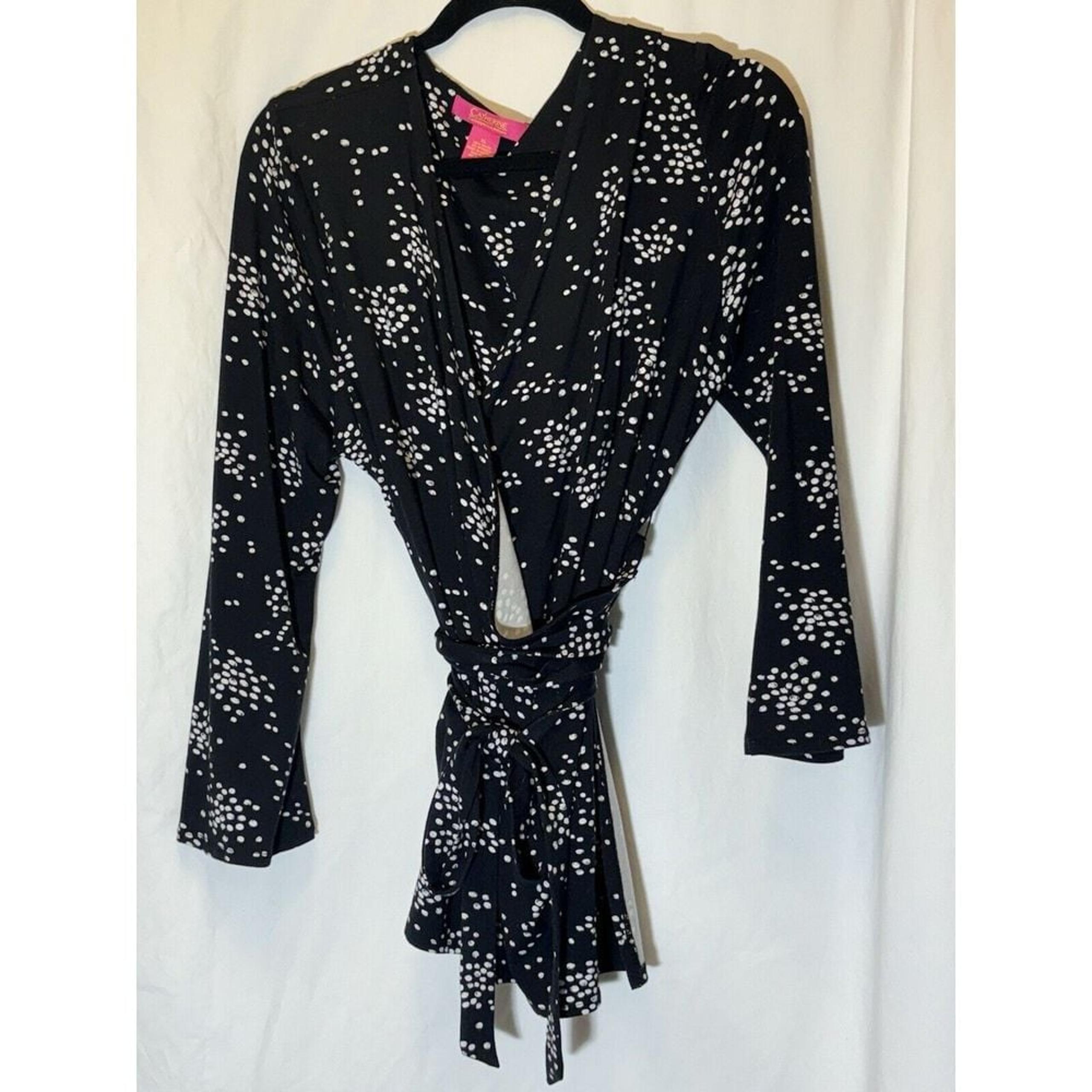 Catherine Malandrino Dress 6 Black Dot Print Stretch Long Sleeve Wrap Dress Y9