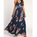 LULUS SZ XS Elegantly Inclined Navy Blue Floral Print Wrap Maxi Dress NEW B152