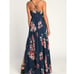 LULUS SZ XS Elegantly Inclined Navy Blue Floral Print Wrap Maxi Dress NEW B152