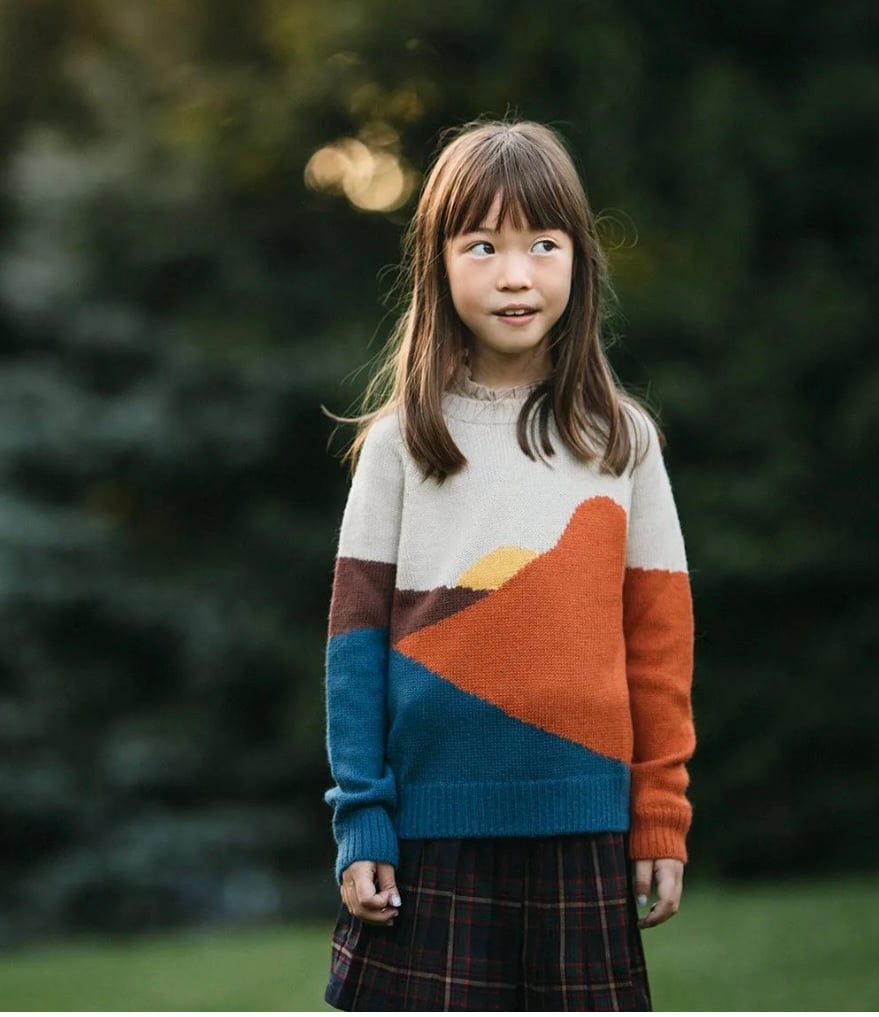 NWT The Sunday Collective Rolling Hills Wool Sweater in Beige, Orange & Blue 10