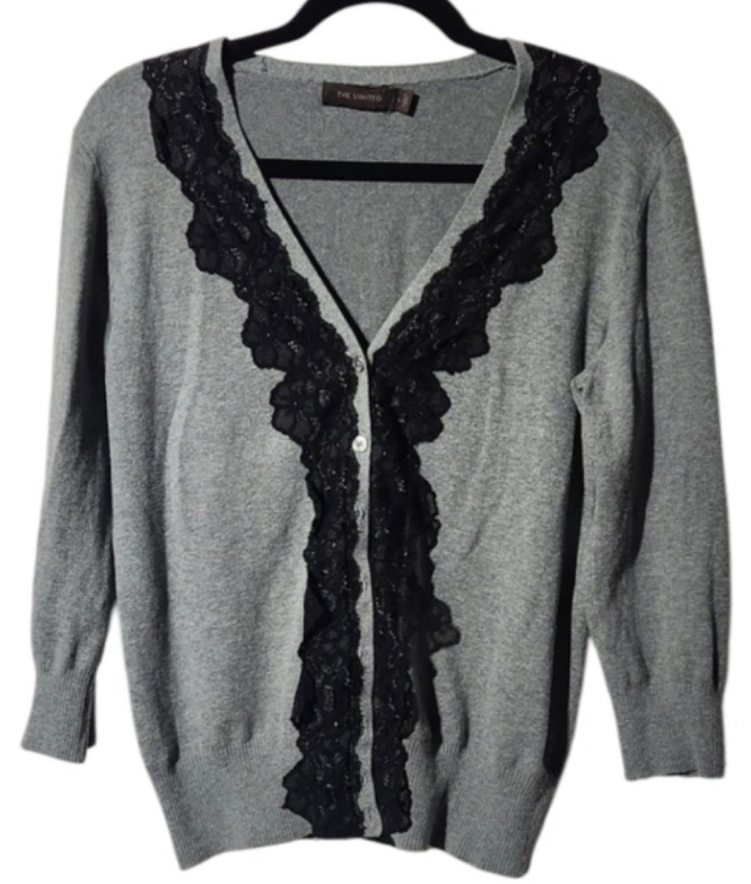 The Limited Grey and Black Lace Trim Button Down Sweater Cardigan Large