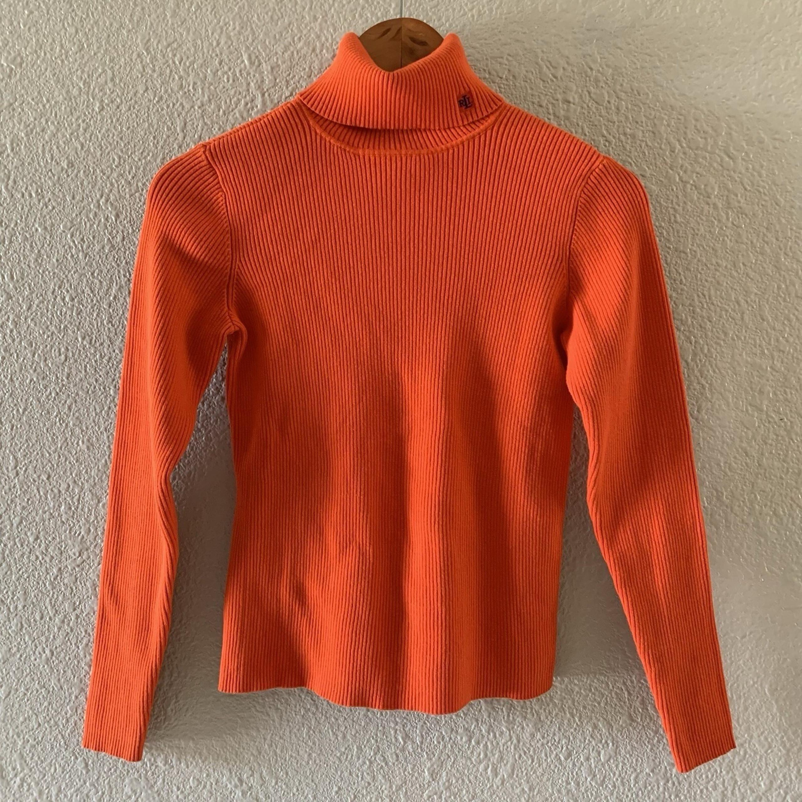 Lauren Ralph Lauren Women's Small 100% Cotton Orange Ribbed Turtleneck Sweater