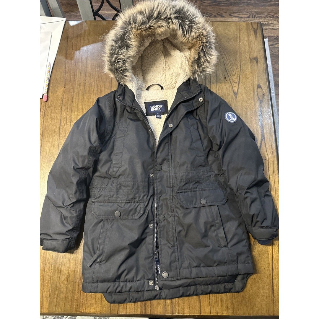 Land's End Kids Expedition Waterproof Down Parka Faux Fur Black Coat L (10-12)