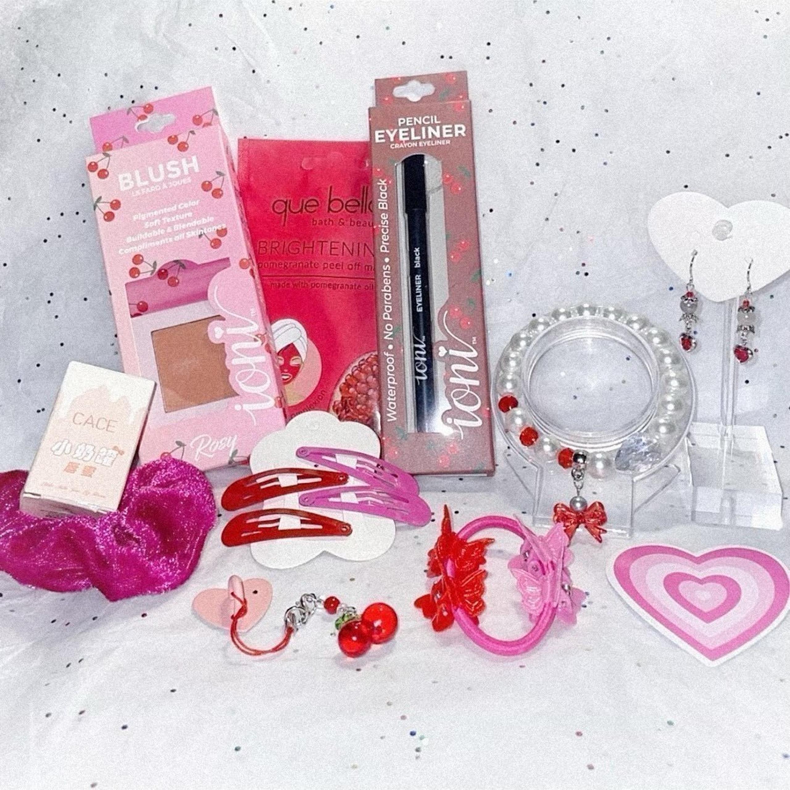 Cherry-Red Themed Beauty Bundle | red & pink makeup, earrings, bracelet / 18pcs