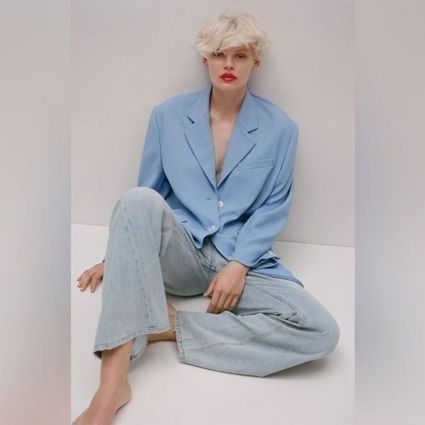 Anthropologie Maeve Oversized Blazer Size M/L Petite Sky Blue