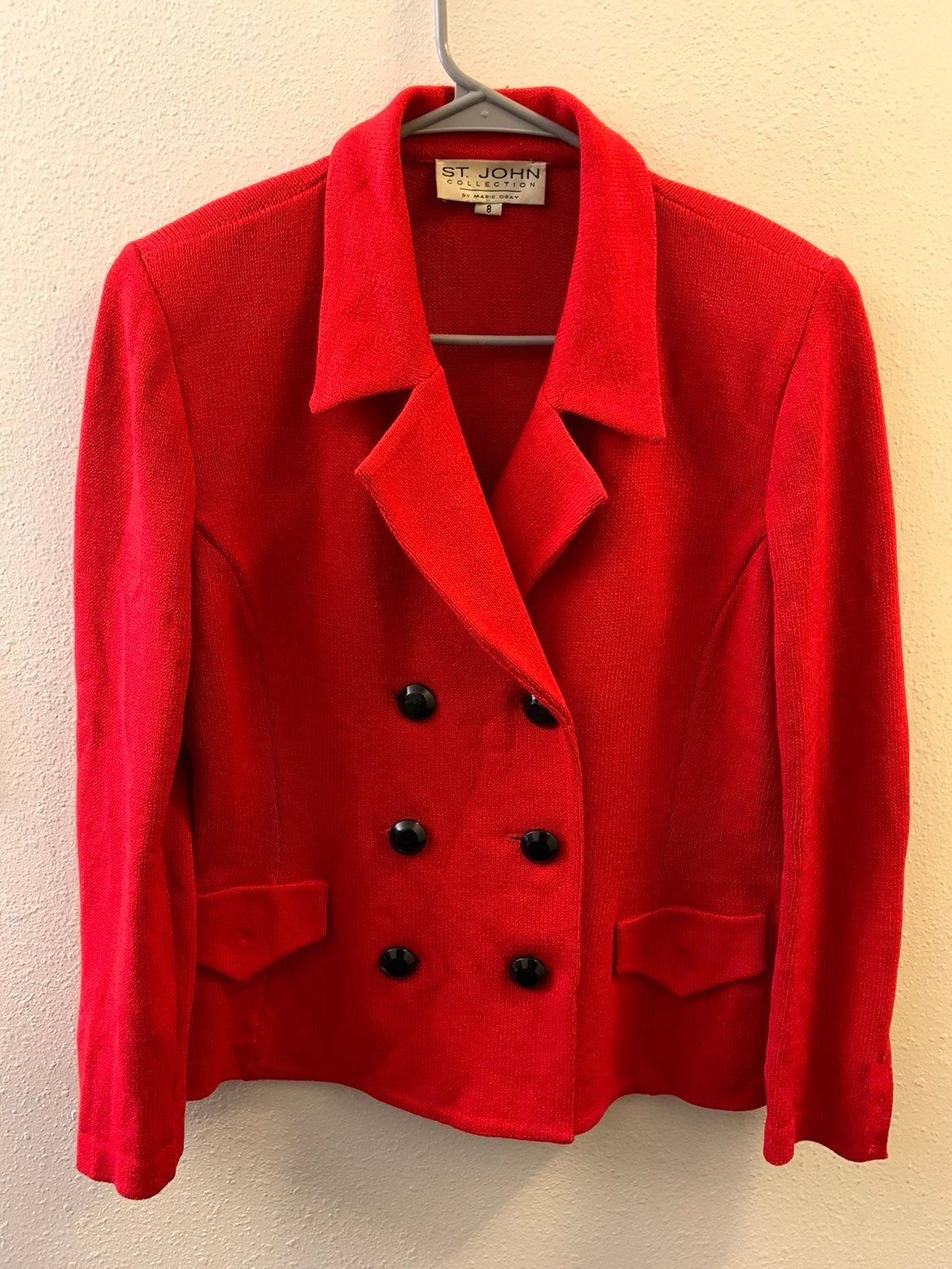 St John Collection Sz 8 By Marie Grey Red Double Breast Knit Crop Jacket/Blazer