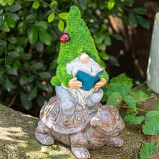 Garden Gnome Sitting on Turtle Outdoor Statues and Sculpture with Solar Lights