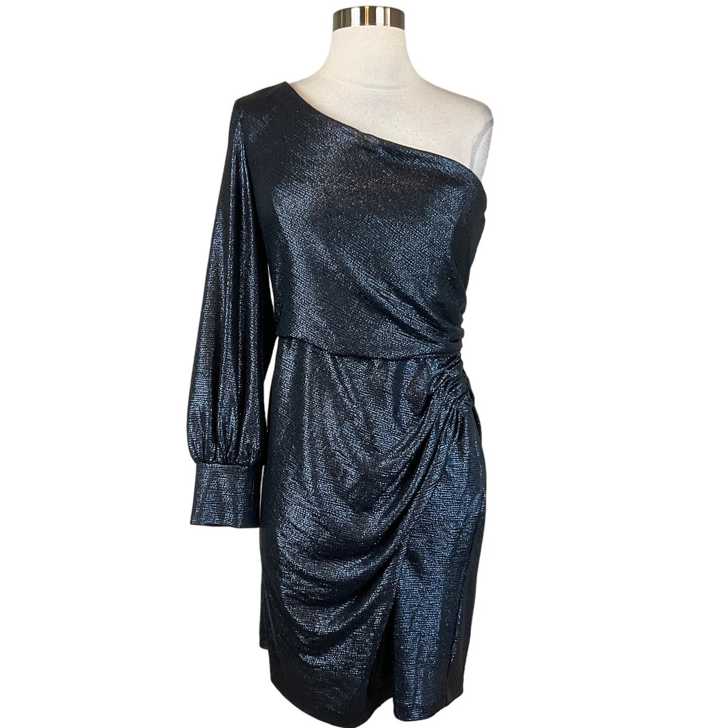 Nightway Women's Cocktail Dress Size 12 Blue Metallic One Shoulder Sheath