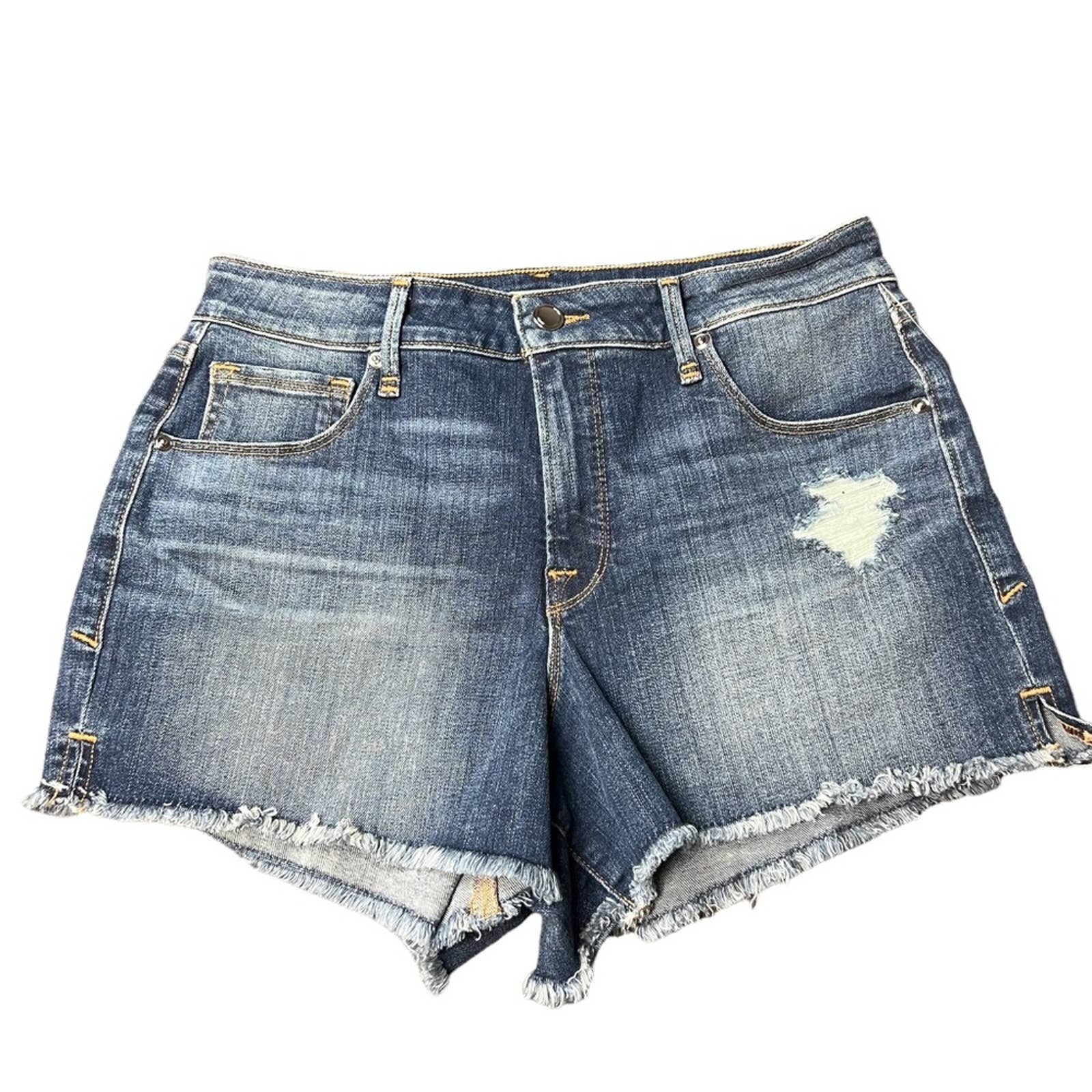 Good American High Waisted Distressed Denim Shorts- Style GC0S148C