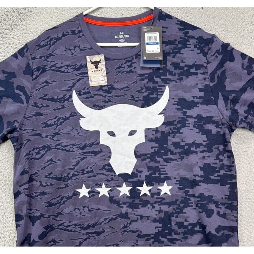 Under Armour Shirt Mens XLT Tall Blue Camo Project Rock Veteran Tee Stretch NEW