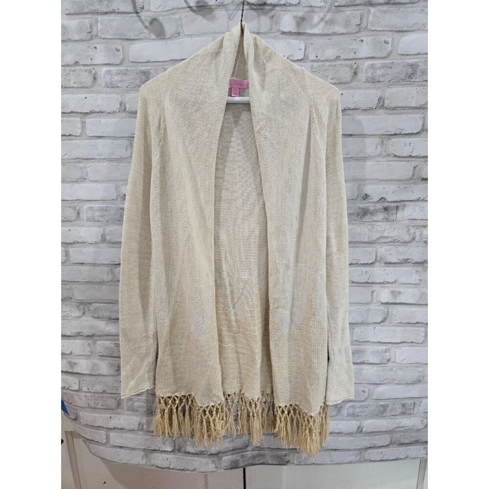 Lilly Pulitzer Women's Tatum Cardigan Cream Fringe Hem Gold Metallic Size XS
