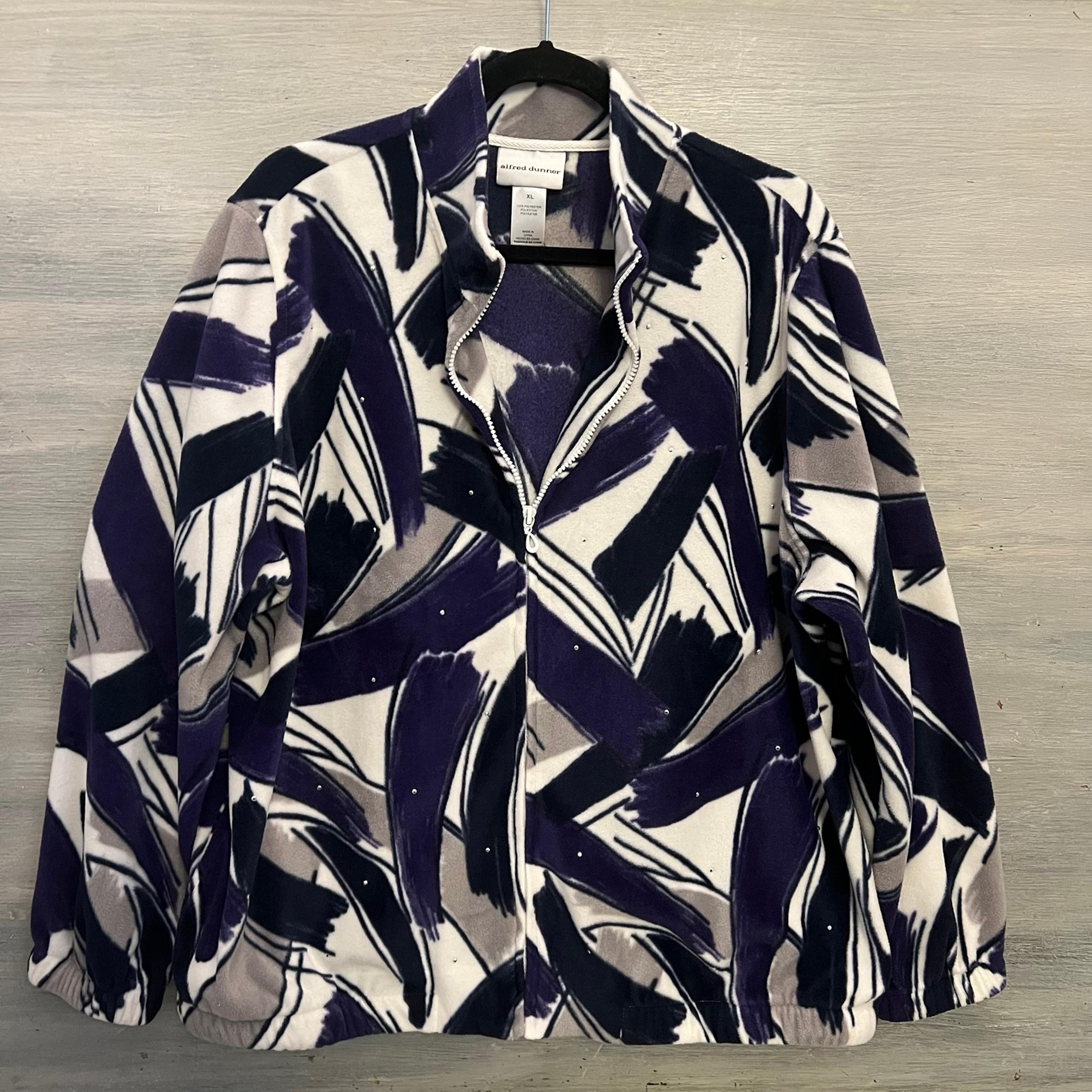 Alfred Dunner Velour Purple Navy Abstract Print Zip Jacket XL Like New