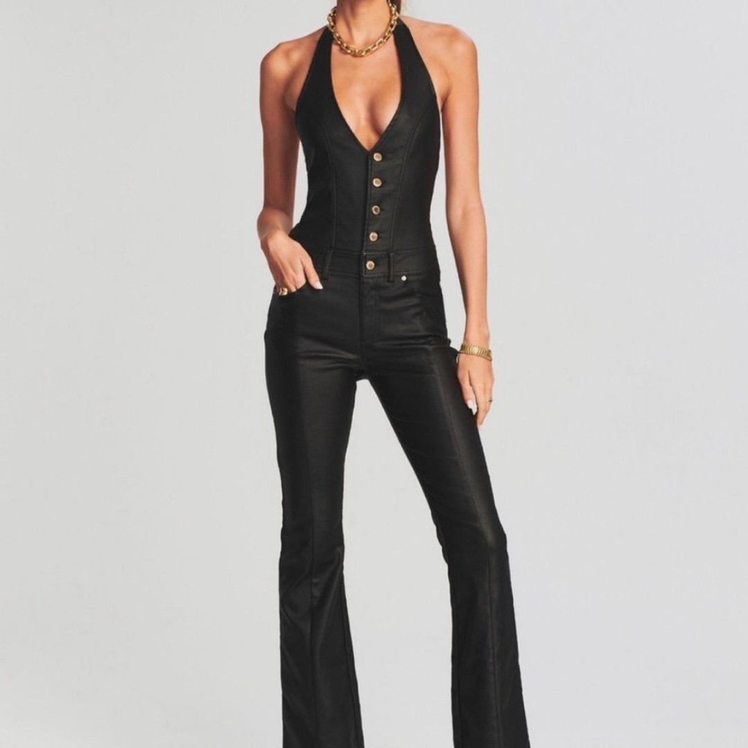 NWT Retrofete Black Halter Cynthia Coated Jumpsuit, Size Small