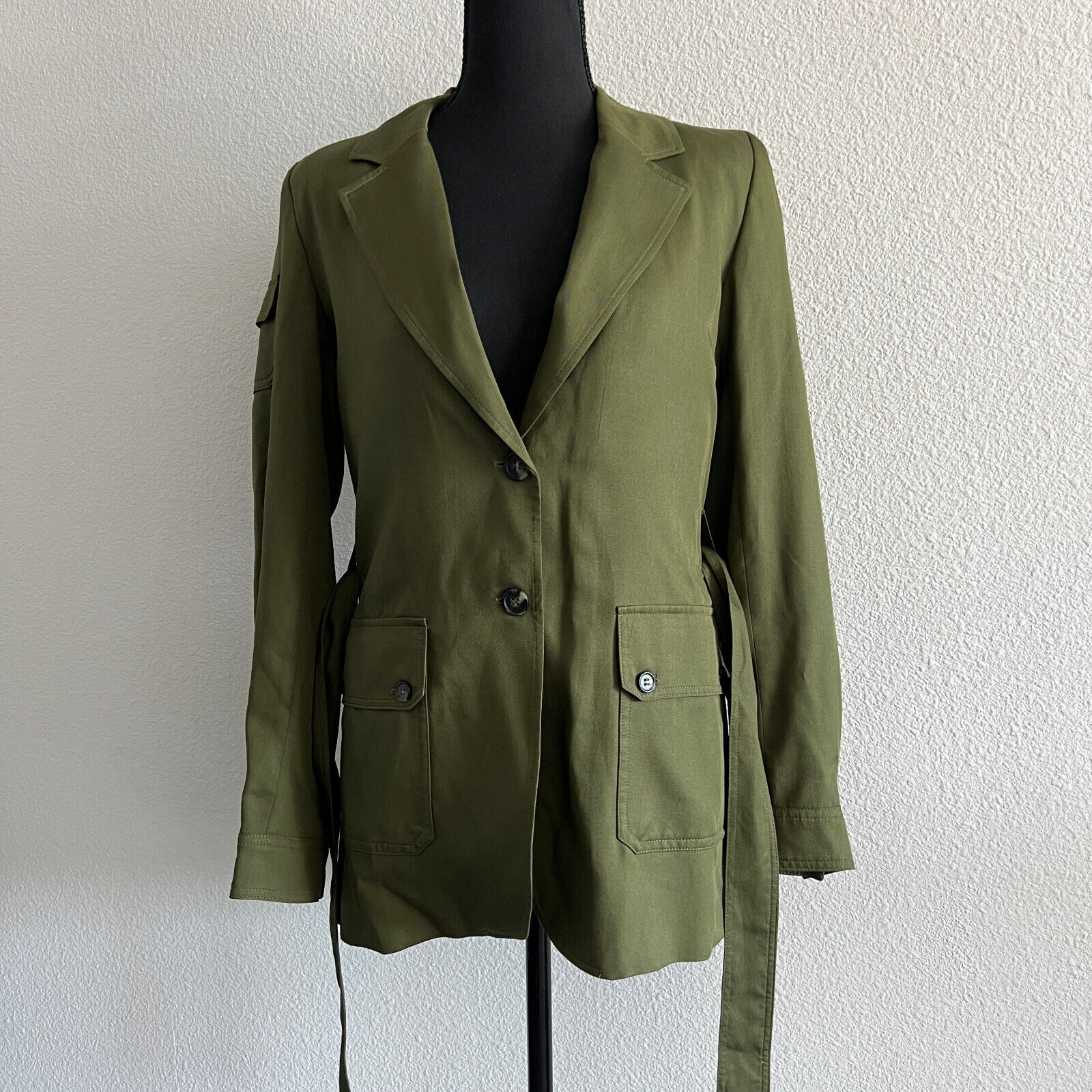The Kooples Tencel Jacket Womens Size 36 Small Green Khaki Belted Oversized Fit