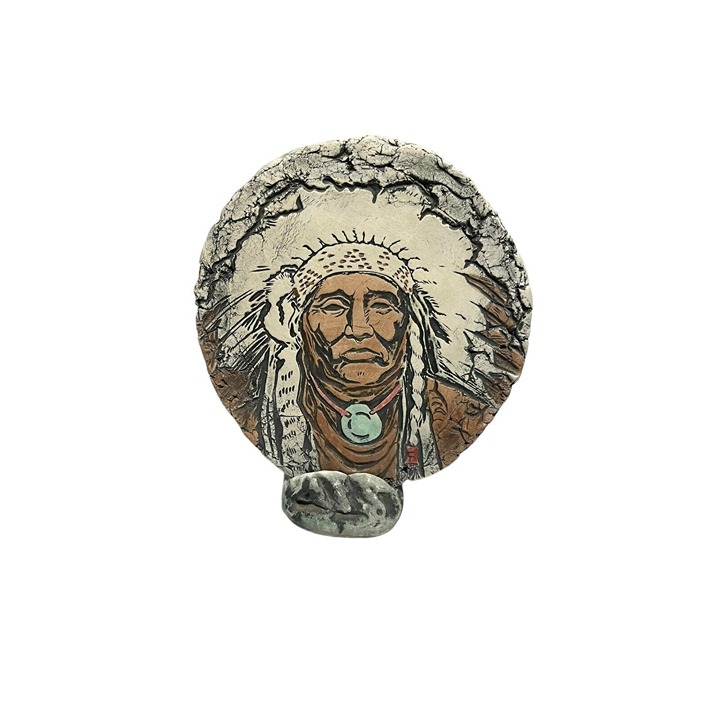 Native American Stone Art Etching Chief Stand Signed Langtwait Shapes Of Clay