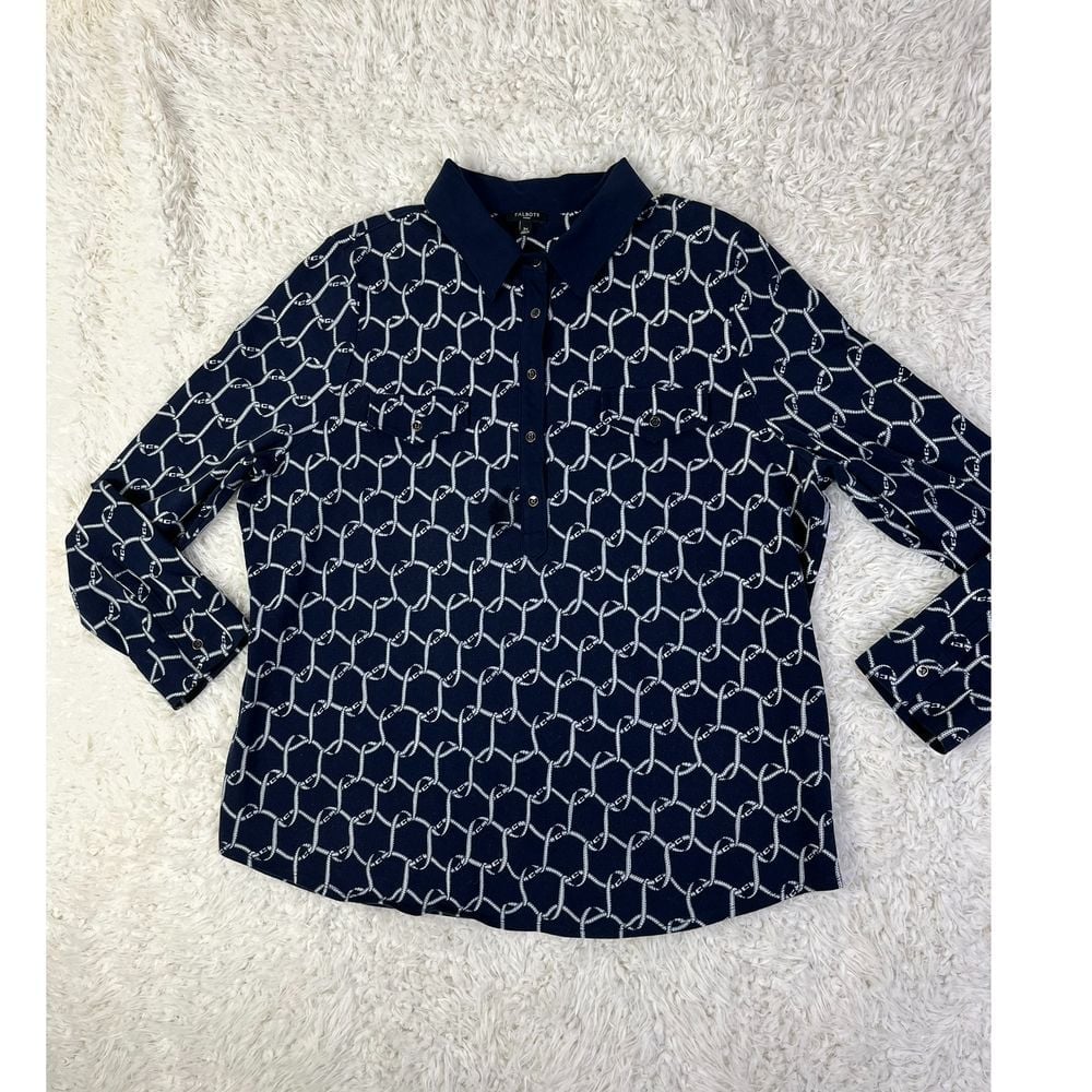 Talbots Navy Blue Chain Link Print Long Sleeve Polo Shirt Blouse 3X Plus Size